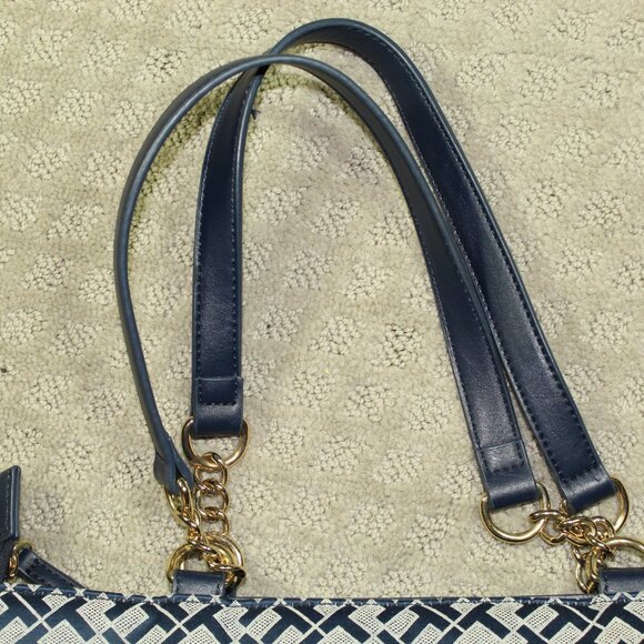 Tommy Hilfiger Woman's Tote Bag Navy Blue All Over Logo Leather & Chain Handle - Picture 10 of 11